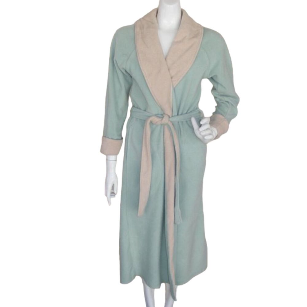 STAN HERMAN Fleece Robe, S, Green/Beige, Pockets, Wrap Front, Sash/Belt